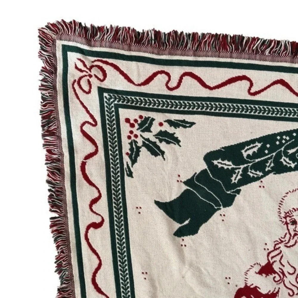 Vintage Christmas Throw Blanket Santa Claus Red Green Vintage Goodwin Weavers